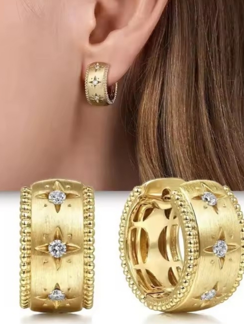 Gold Star Accent Hoop Earrings - Women Jewelry With Brilliant CZ